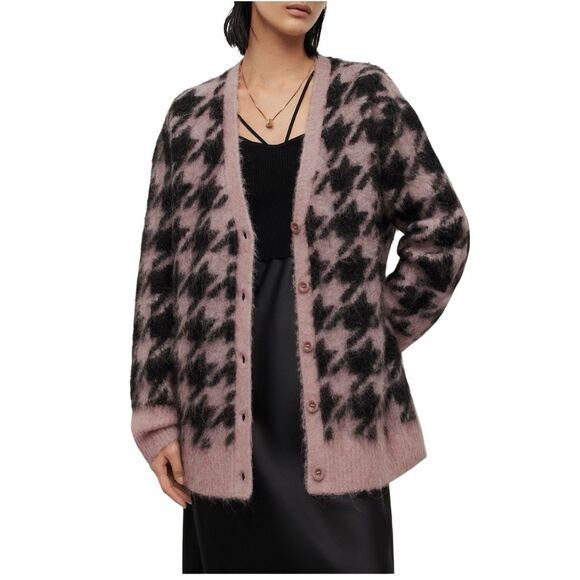 Allsaints Irma Houndstooth Cardigan Pink Small - Picture 2 of 16